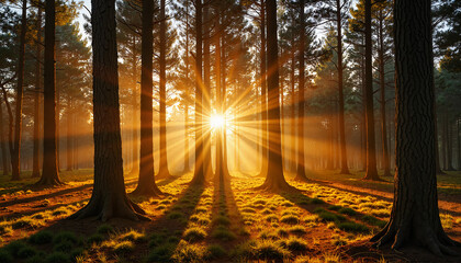 Golden sunlight streaming through tall trees in a serene forest, nature's beauty