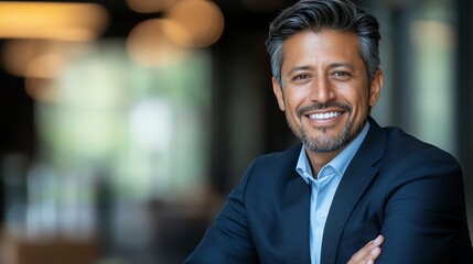 Fototapeta premium A confident man in a business suit smiles warmly at the camera, exuding professionalism and charm in a contemporary office setting with a blurred background.