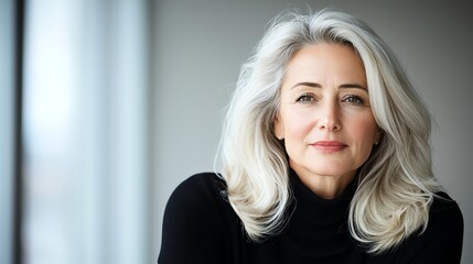 Fototapeta premium A confident woman with long gray hair and a serene expression, wearing a black turtleneck. She exudes wisdom and elegance, embodying grace and self-assurance in her demeanor.