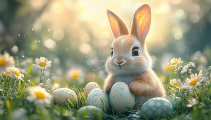 Adorable bunny with Easter eggs in a sunny meadow of daisies, Generative AI