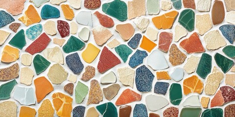 Irregular mosaic tiles in warm, earthy tones create a textured surface.