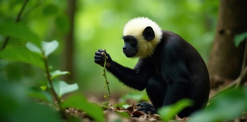 Obraz premium White headed capuchin foraging in forest undergrowth, leaves, foraging, jungle life