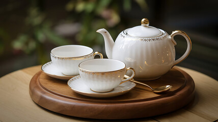 Fototapeta premium A white tea set with a teapot and two cup. very most of the floral teapot and two cup .