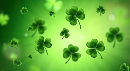 Naklejka premium Vibrant Green Shamrocks Floating Against a Radiant Green Background.St. Patrick's Day concept