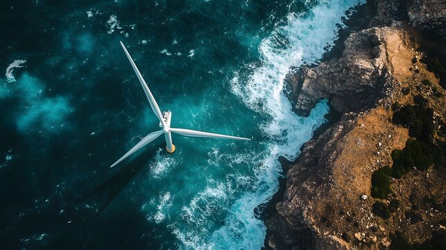 Aerial View of Turbine in Turquoise Waters by Rocky Coastline - Powered by Adobe