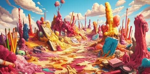 Naklejka premium A Surreal Landscape of Melted Art Supplies Under a Blue Sky