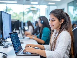 A focused young woman works on her laptop in a modern office. Surrounded by colleagues, she engages in coding, contributing to an innovative tech environment.