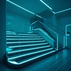 Neon Lit Staircase
A futuristic staircase illuminated with blue neon lighting, creating a striking high-tech interior design.