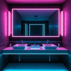 Bathroom with Dual Neon Mirror
A futuristic bathroom with dual neon mirrors and ambient lighting, creating a stylish and modern interior.