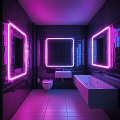Dark Neon Bathroom with Mirrors
A stylish bathroom with dark tiles and bright neon frames around the mirrors, creating a modern minimalist look.