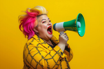 Fat woman screaming with loudspeaker