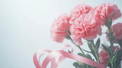 Happy Mother's Day background with pink carnations and a gift box on a white isolated background, close-up view of a mother's day flowers bouquet and ribbon decoration