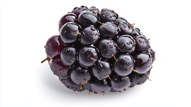 Blackberries gening with fresh droplets of water against a white background, emphasizing ripe textures and vivid colors, perfect for healthy food imagery or berry recipes.