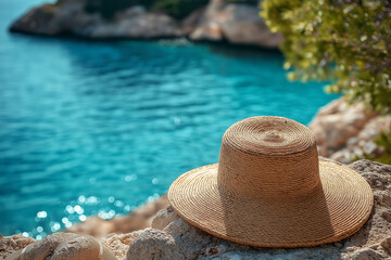 Beach background with a summer trip vibe, wearing a cap and enjoying a fun vacation holiday by the sea. Generative AI