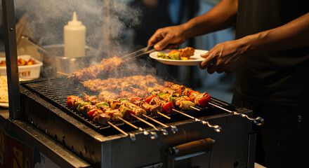 Delicious Grilled Kebabs Cooking on a Street Food Grill