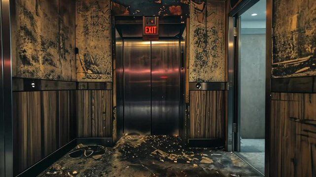 An eerie hallway with deteriorating walls and a flickering elevator light creates a chilling atmosphere in an abandoned building during the evening hours.