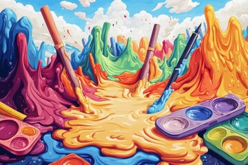 Obraz premium Vibrant Paint Explosion With Brushes And Palettes