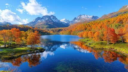 Obraz premium Vibrant autumn trees and snow-capped mountains reflect in a calm blue lake under a clear sky.