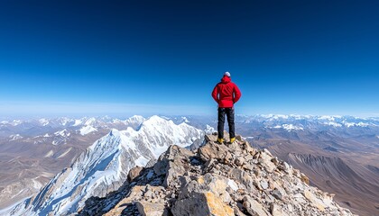 Obraz premium A lone hiker stands atop a majestic mountain peak, gazing at breathtaking snow-capped ranges under a clear blue sky