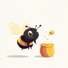 Obraz premium Cute bee flying towards honey pot