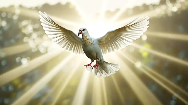 White dove flying with outstretched wings amidst golden sunbeams, symbolizing peace and hope
