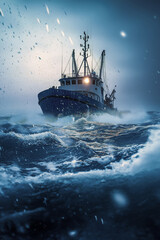Duge cargo ship in the middle of a rough sea