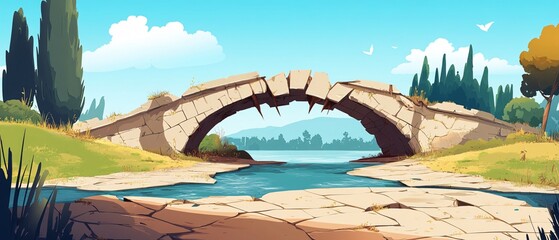 Cartoon Cracked Bridge Over River Illustration for Structural Damage Concept Usage in Design Projects