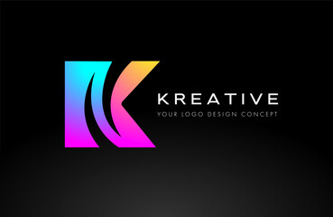 Creative  K letter logo design with rainbow colored curved cut shape swoosh style vector