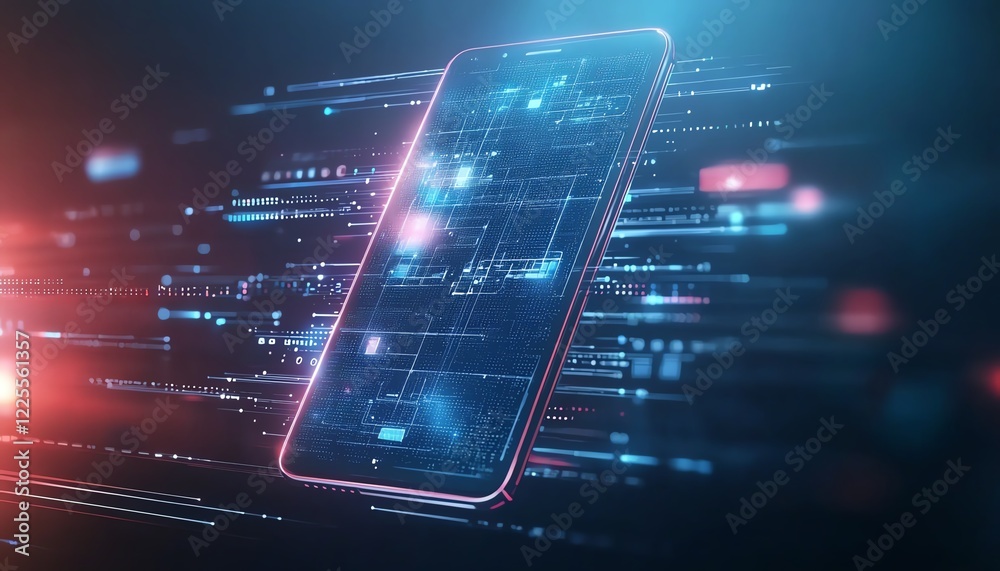 Poster a modern smartphone displaying dynamic data streams, symbolizing cutting-edge technology and digital