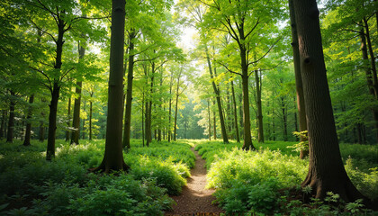 Lush forest path bathed in soft light, nature's tranquility