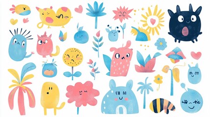 Obraz premium Adorable Collection of Cute Items for Creative Cards, Stickers, Patches, or Decoration Projects