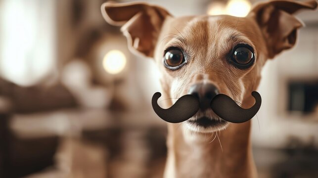 Cute dog with fake mustache in warm home setting, April fools day