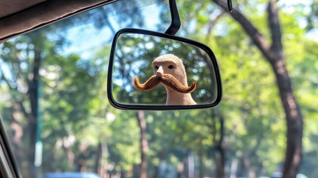 fantazy Pigeon with mustache reflection in car mirror, April fools day, Fake Mustache
