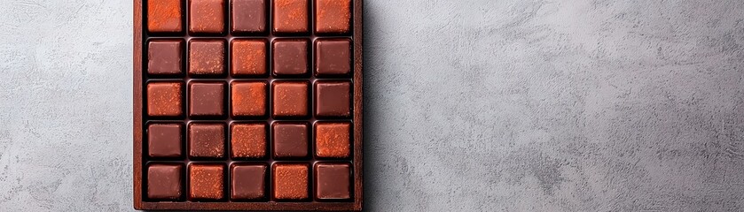 A beautifully arranged chocolate box on a textured surface, inviting indulgence.