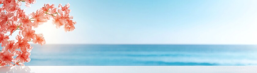 Fototapeta premium A serene coastal view featuring a gentle ocean horizon under a bright sky, adorned with blooming foliage