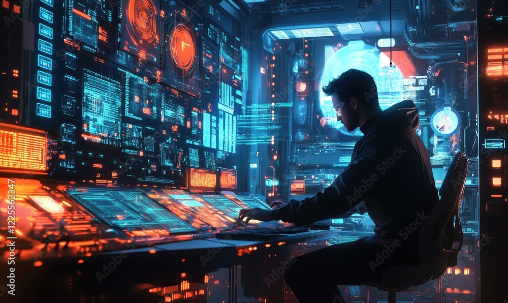 Poster futuristic hacker working in high-tech control room surrounded by glowing screens and data streams