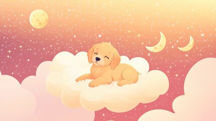 Golden Puppy Sleeping Peacefully On A Cloud Amongst Stars
