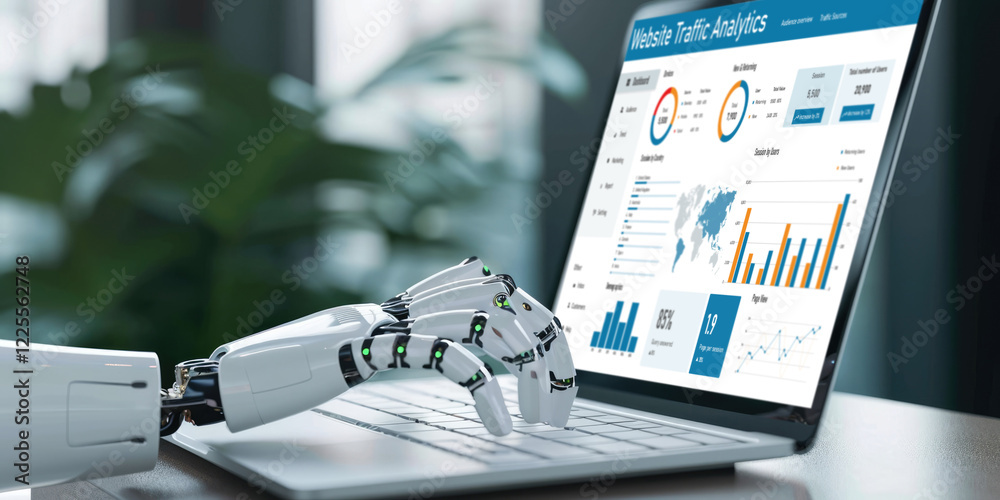 Poster computer software for website traffic analytics data on computer screen. concept of seo search engin