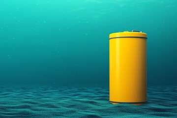 Obraz premium A bright yellow barrel rests on the ocean floor, surrounded by serene aquatic blues.