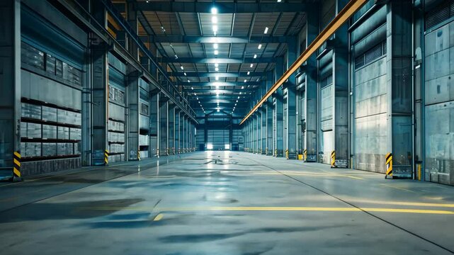 The spacious interior of an industrial warehouse features high ceilings, vibrant overhead lights, and a polished concrete floor, creating an expansive storage area.