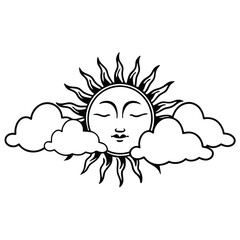 A minimalist one-line drawing of a face blending with a sun and clouds, symbolizing harmony and tranquility.
Adobe Illustrator Artwork