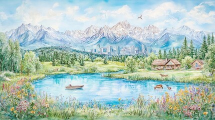 Serene Mountain Lake Homescape with City Skyline