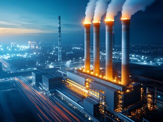 A striking night view of a power plant with glowing smokestacks against a darkening sky, illustrating the blend of technology and nature in modern industry.