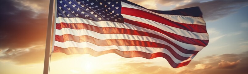 The American flag waves proudly against a backdrop of a stunning sunset, filling the sky with warm hues while illuminating the surrounding landscape.