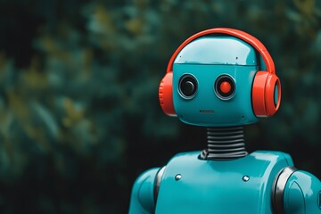 Fototapeta premium A colorful robot with headphones against a blurred green background.