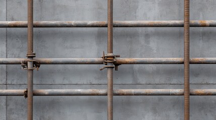 Rusty metal bars and steel beam scaffolding at a construction site on a rough wall