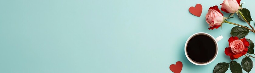 A cozy scene featuring a cup of coffee and fresh roses on a blue background.