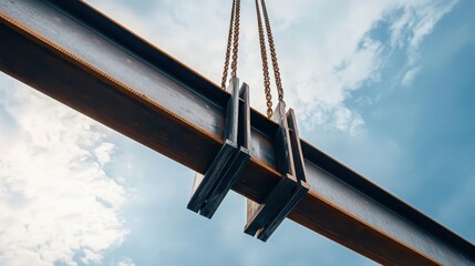 Crane lifting steel beams at construction site with chains and heavy machinery in operation