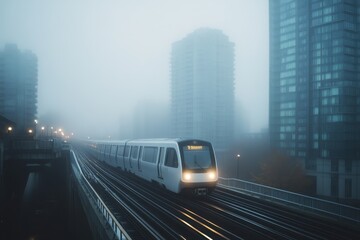 Modern train moving through a foggy cityscape with towering buildings barely visible in mist