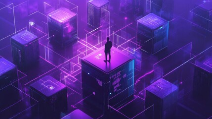 Digital Transformation Roadmap Visualized in 3D Space with a Person Standing Amidst Abstract Data Structures and Vibrant Colors